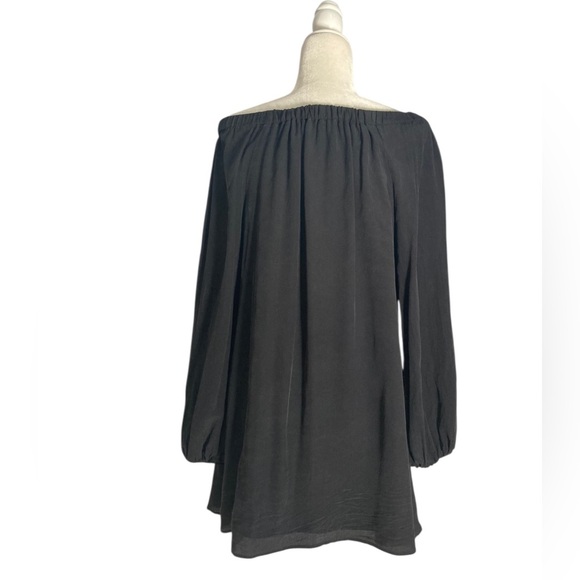 Lavender Brown Silk Chiffon Mini Dress Off the Shoulder Long Sleeves Black - Picture 3 of 8
